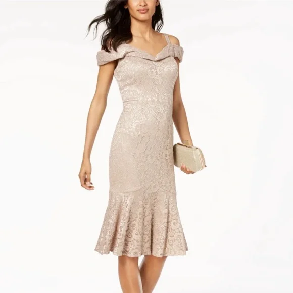 NEW R M RICHARDS OFF THE SHOULDER MERMAID HEM LACE SHIMMER COCKTAIL MIDI DRESS Dresses